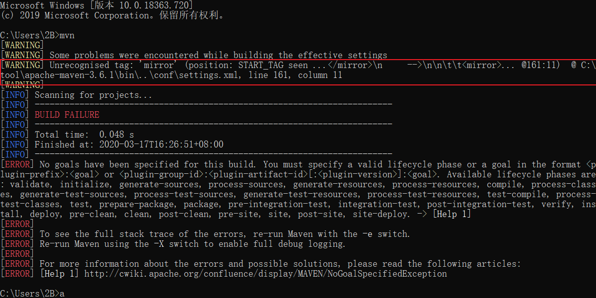 配置maven镜像不起作用 Unrecognised tag ‘mirror‘ (position START_TAG seen