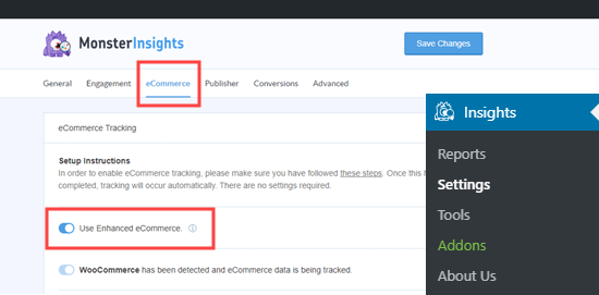 Switching on the eCommerce tracking in MonsterInsights