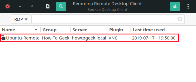 The new connection listed in the main Remmina window.