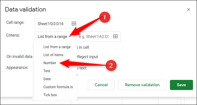 Click the drop-down menu next to "Criteria" and select the form of validation you want to use.