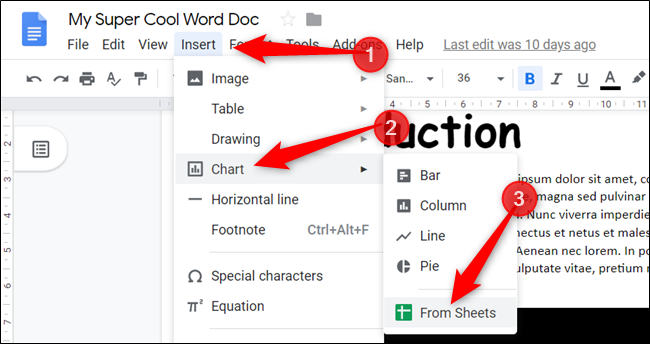 Click "Insert," click "Chart," and then select "From Sheets."