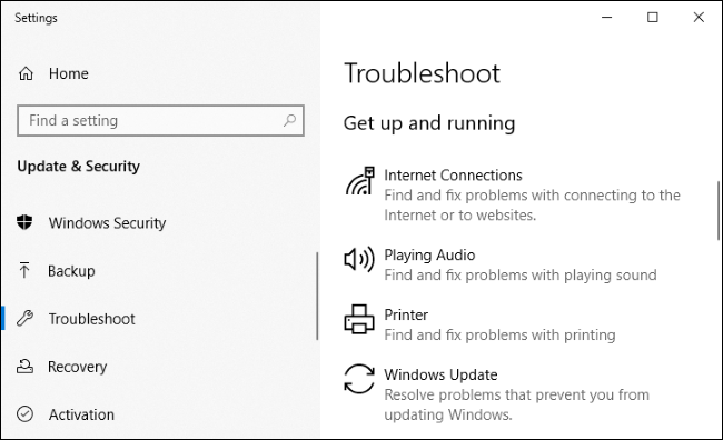 Troubleshooting tools in Windows 10's Settings app