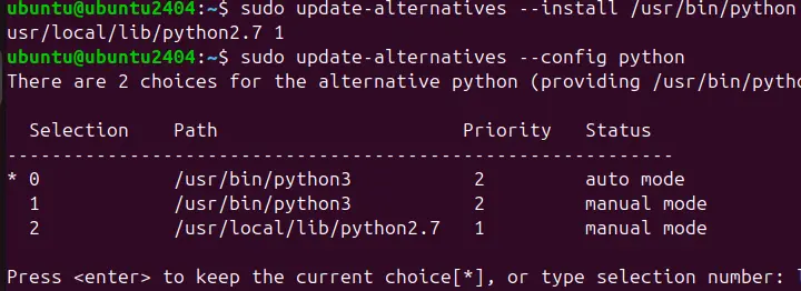在 Ubuntu 24.04 上将 Python 2.7 或 3 设置为默认