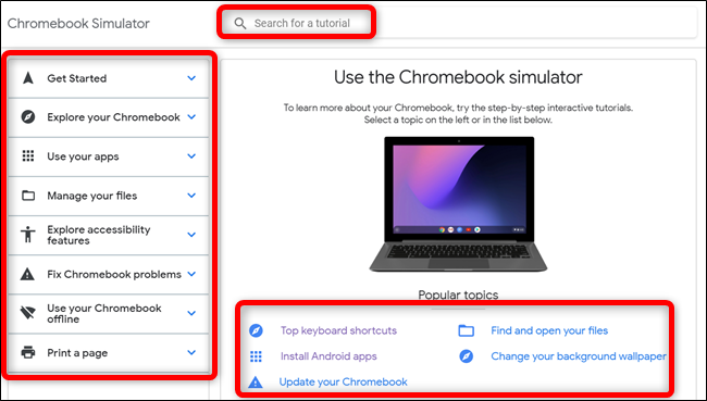 Choose a topic to start the simulation with the pane on the left, the popular topics at the bottom, or the search bar at the top of the page.