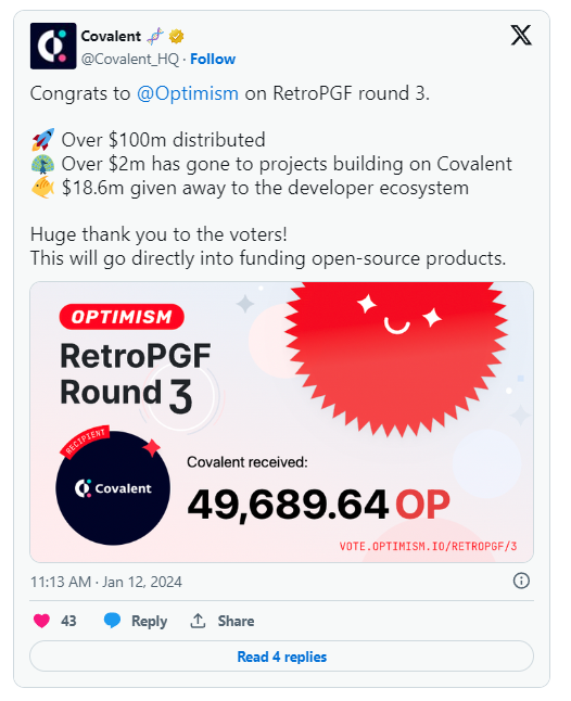 Optimism为 Covalent Network（CQT）提供生态系统资助
