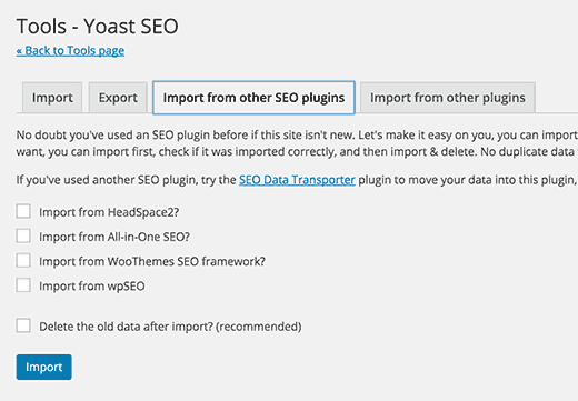 Import export tools in Yoast SEO