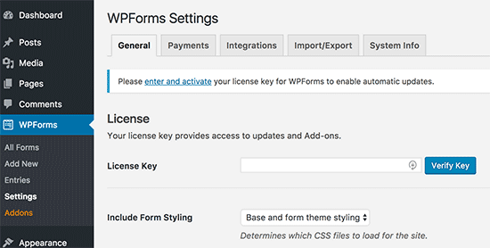 WPForms license key