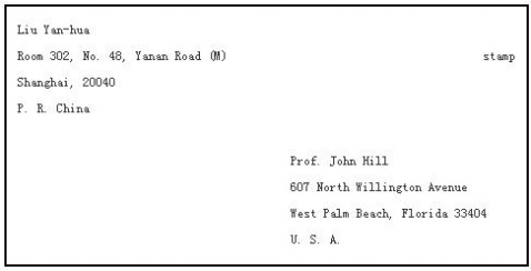 英语的信封和中文的一样,有三部分组成,即发信人地址,收信人地址和