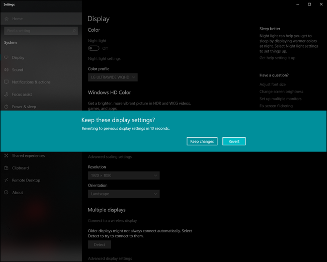 Microsoft Windows 10 Change Screen Resolution Keep or Revert Changes