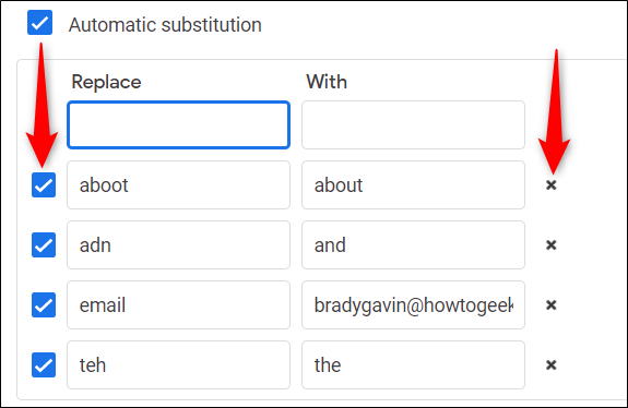 Temporarily disable shortcuts with the checkbox to the left and delete them from the list with the X on the right.