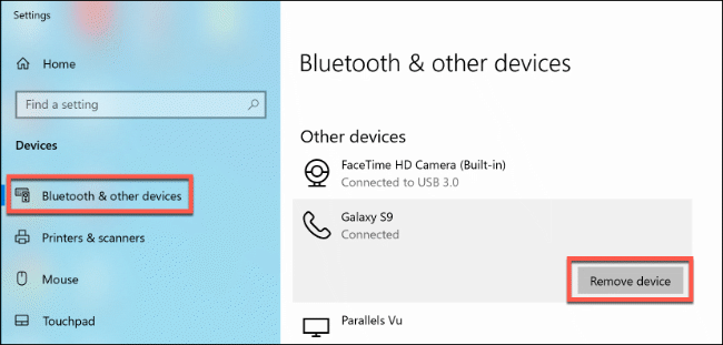 Click "Bluetooth and Other Devices," and then click "Remove Device."