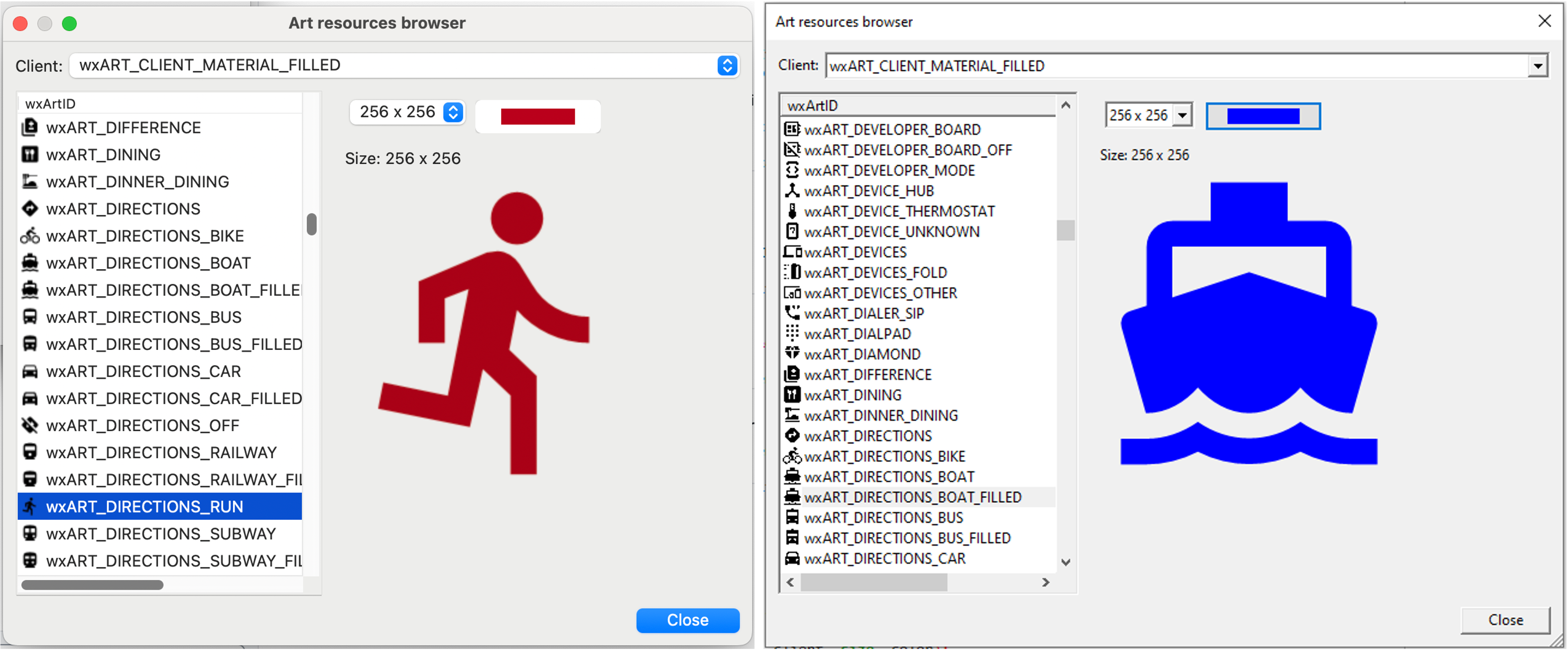 Screenshots of the wxMaterialDesignArtProvider sample browser in macOS and Windows