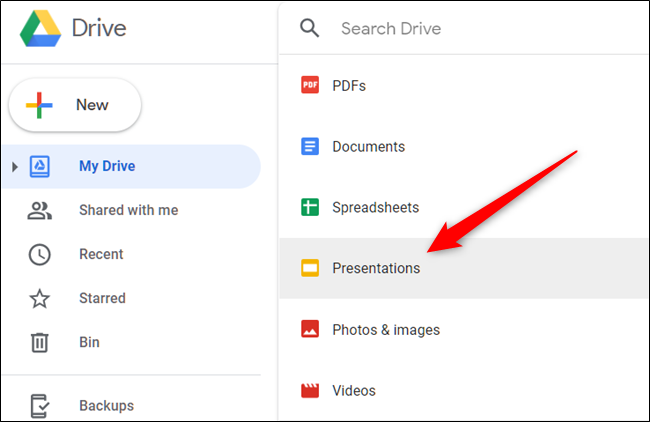Click the type of file you want to filter out of your Drive.