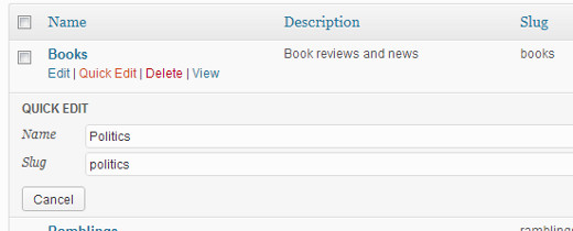 Quick edit name and slug of a category