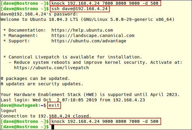 Port knocking and ssh connection session in a terminal window.