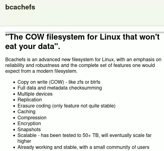 The Bcachefs file system driver has been merged into the Linux-Next code tree The Bcachefs file system driver has been merged into the Linux-Next code tree