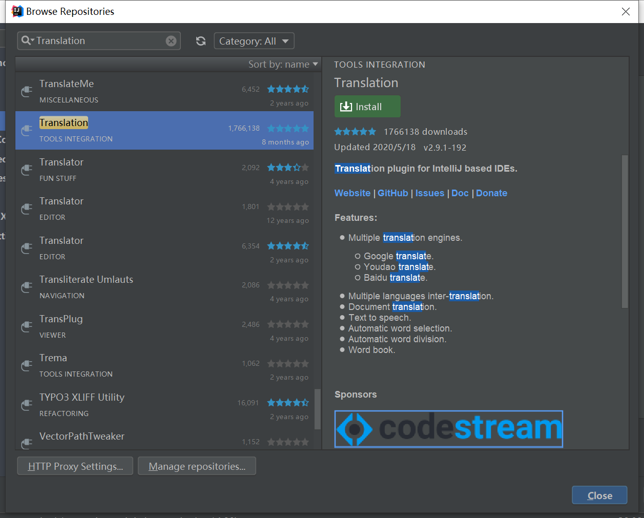 工具插件 Idea英文翻译工具 Translation 阿呆 程序员资料 Idea中英文翻译插件 程序员资料