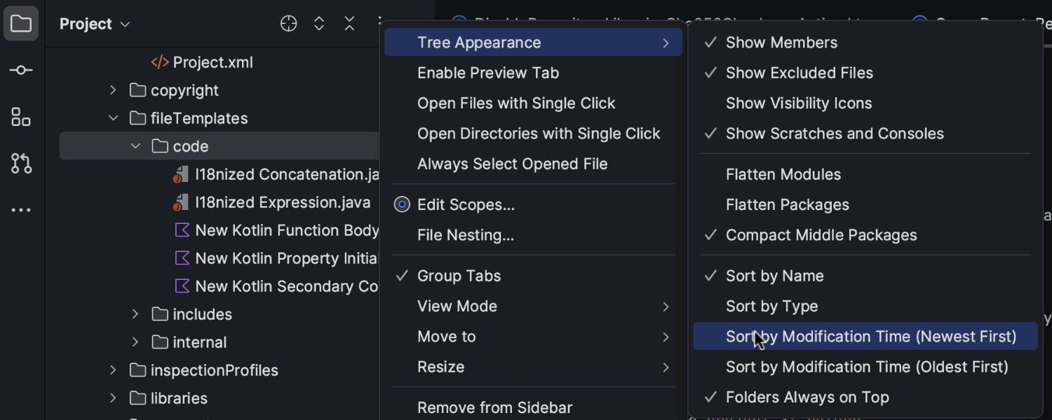 Sort files by modification time in the Project view