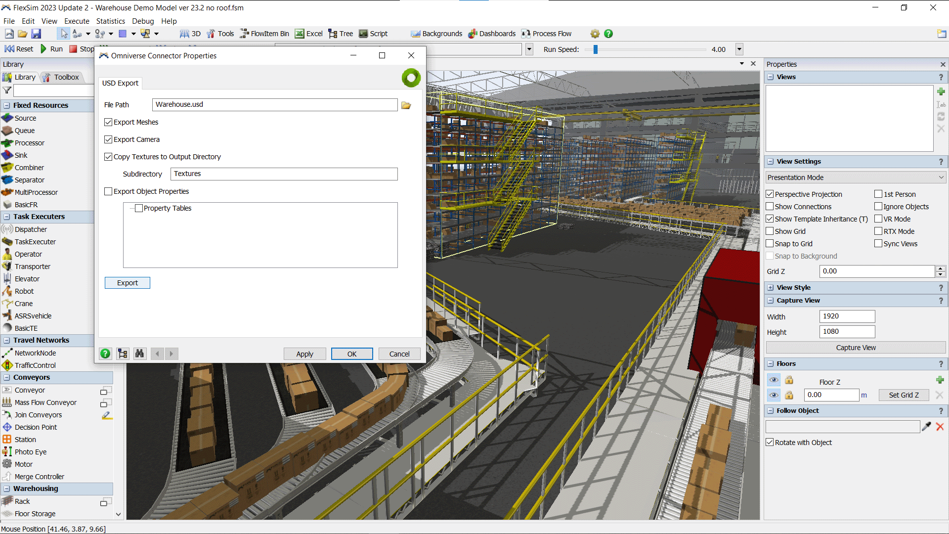 Screenshot of the FlexSim UI with Omniverse Connector Properties window for exporting assets to USD.