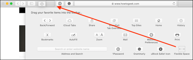 Add flexible space in between buttons in Safari toolbar