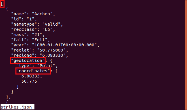 The path to array in a nested JSON object highlighted in a terminal window.