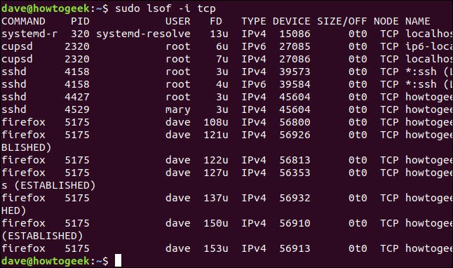 lsof output in a terminal window