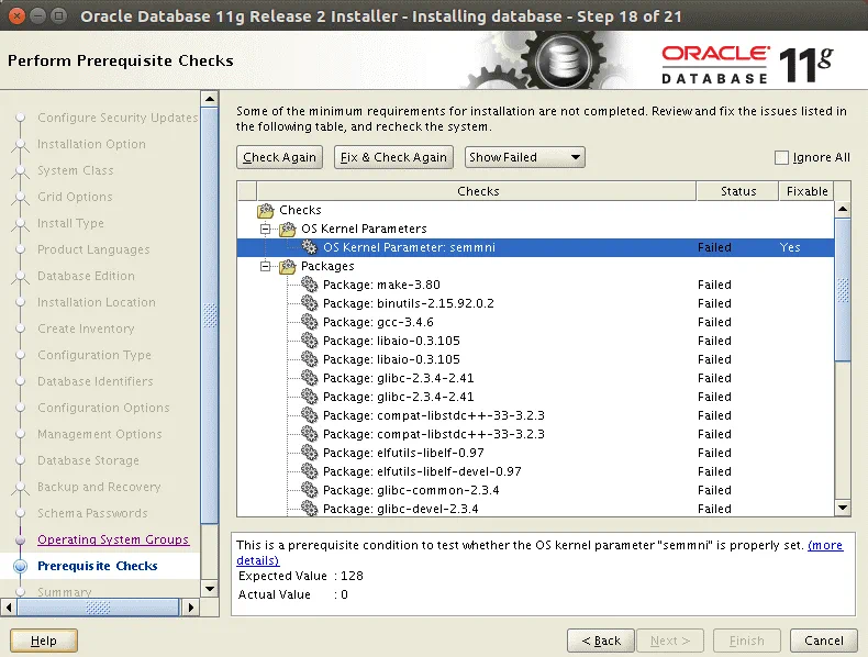 Running prerequisite checks before installing Oracle database on Ubuntu