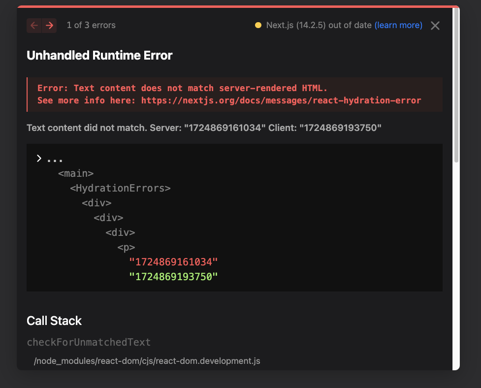 服务器和客户端Hydration错误的文本内容不匹配。