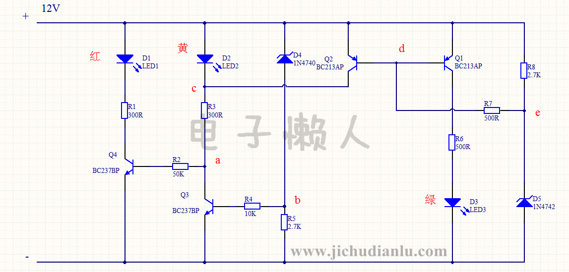 本例電路由三極管,電阻,穩壓管,led等分立器件設計而成,檢測汽車12v