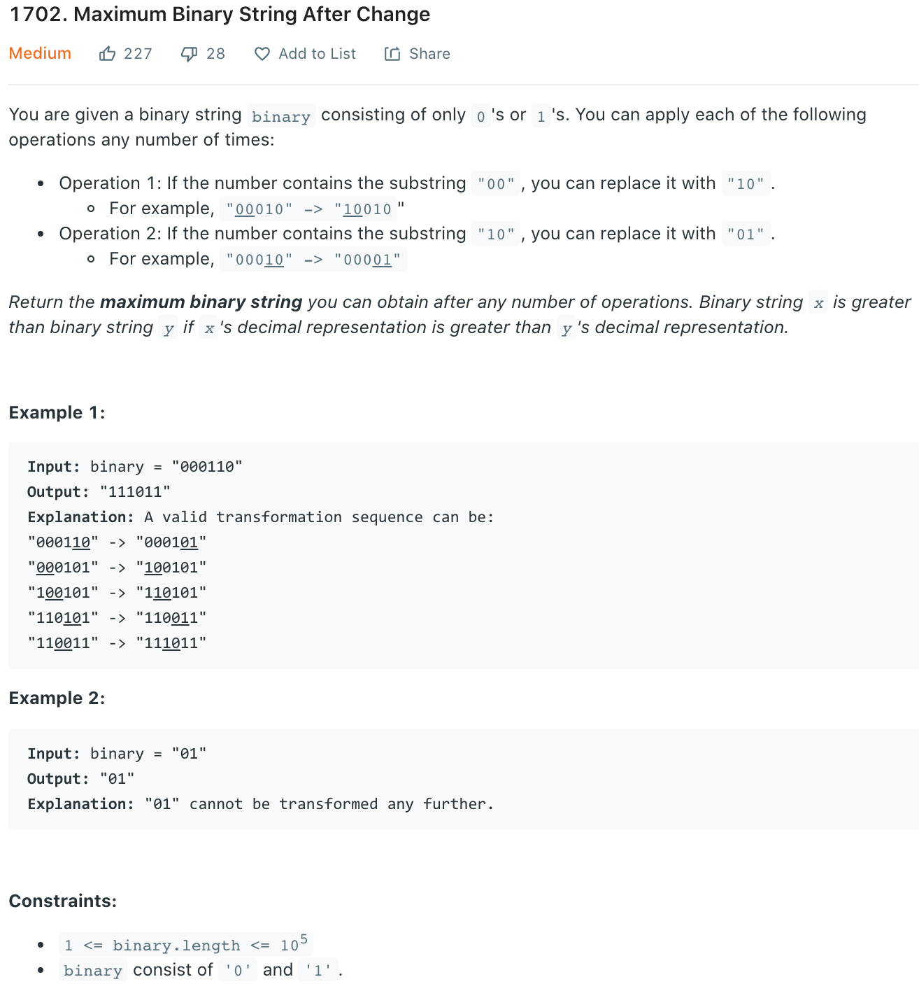 Maximum Binary String After Change