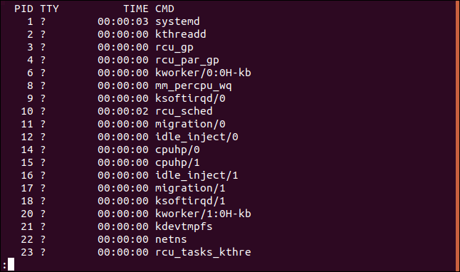 The output from ps -e piped into less in a terminal window