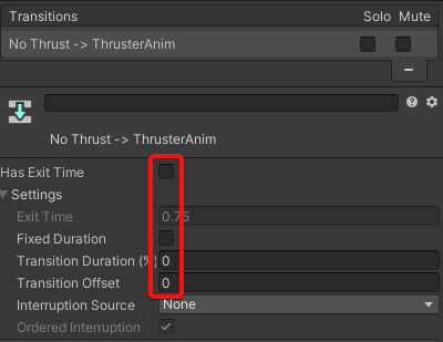 Lander transition settings for thrusters