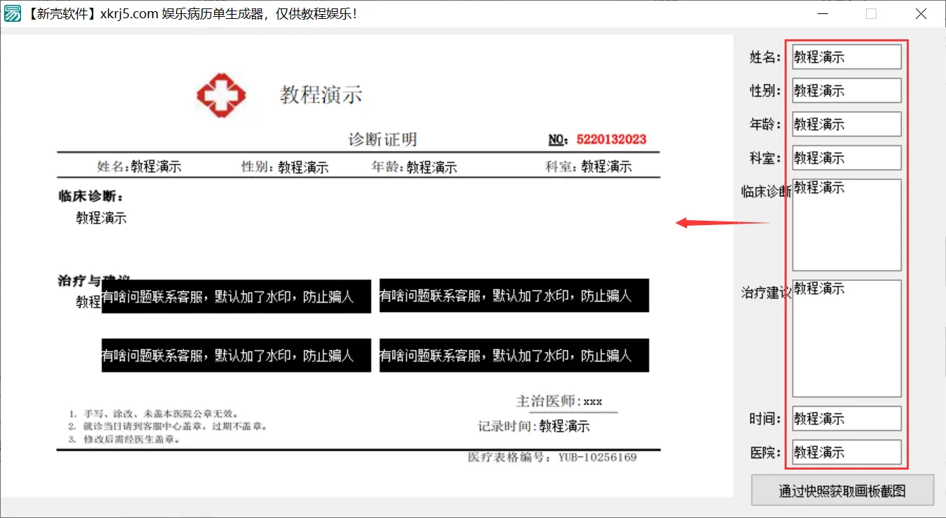 在线制作仿真病历证明软件，易语言实现病例报告生成器，取画板快照+标签+编辑框