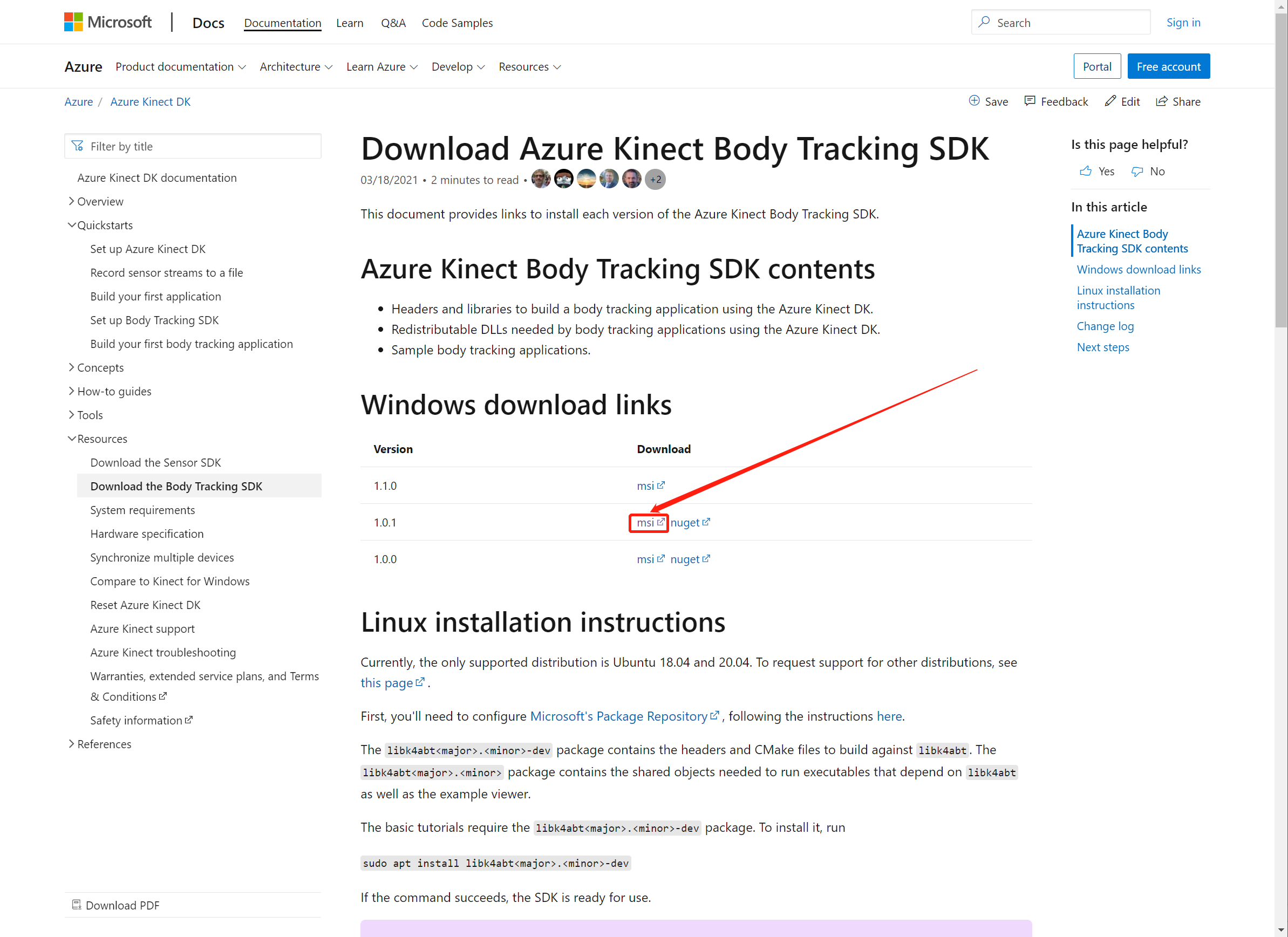 Azure Kinect Body Tracking SDK下载界面