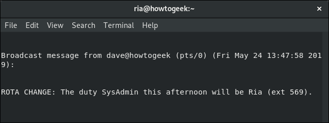 wall message to Ria in a terminal window
