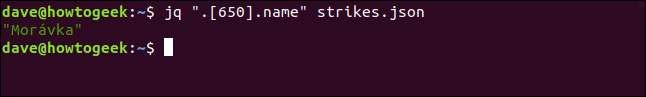 The "jq ".[650].name" strikes.json" command in a terminal window.