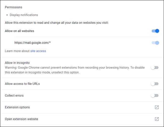 A Chrome extension's management settings