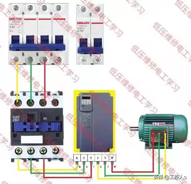 从图中我们可以看到主回路包括断路器,交流接触器,变频器以及三相异步