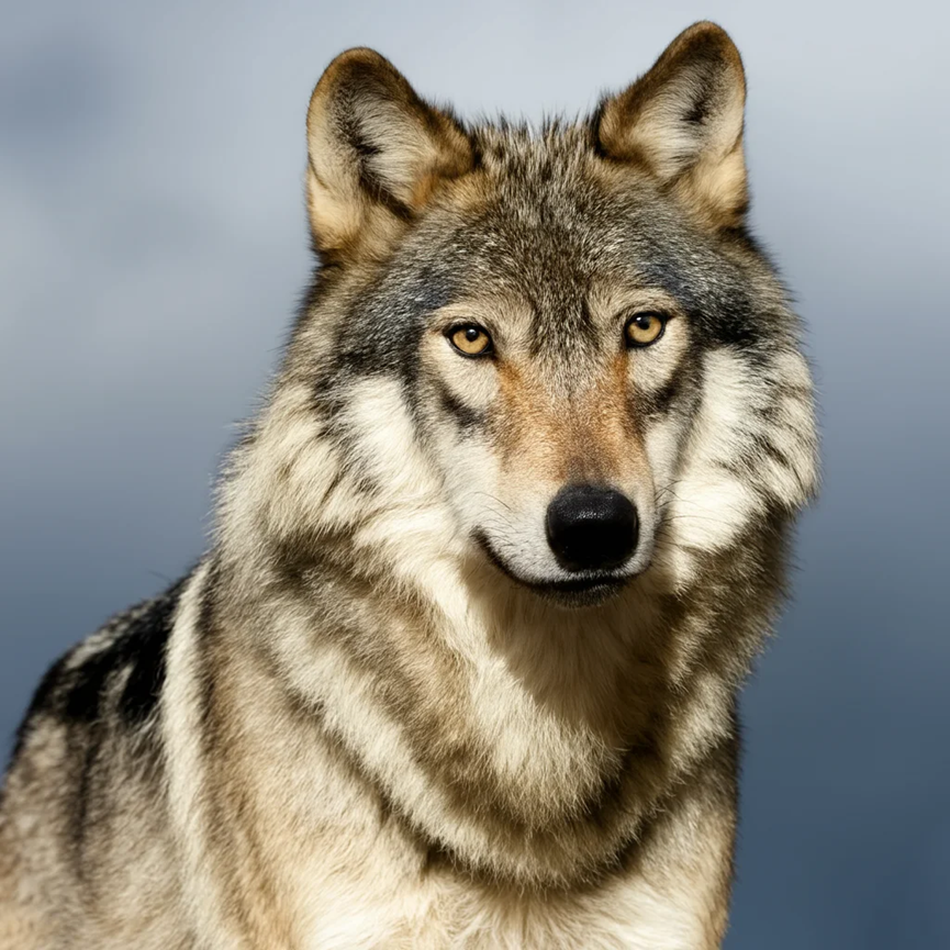 一头优雅的狼站在灰色背景前,特写镜头展现其雄姿,高分辨率照片展现了