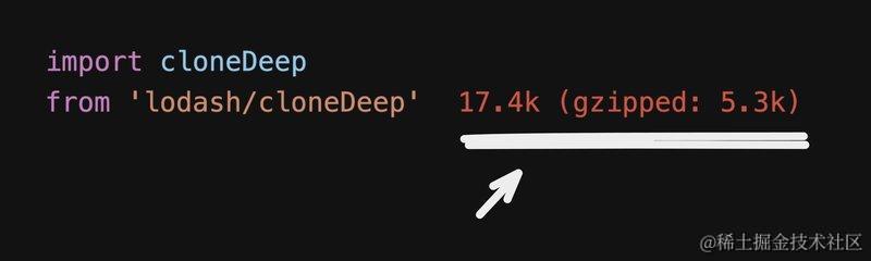 导入'lodash/cloneDeep'的成本截图，5.3kb gzip压缩后的大小