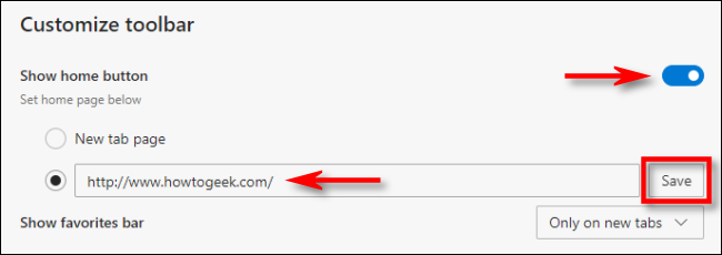 In Edge Settings, click "Show home button," then enter a URL for your home page. Then click "Save."