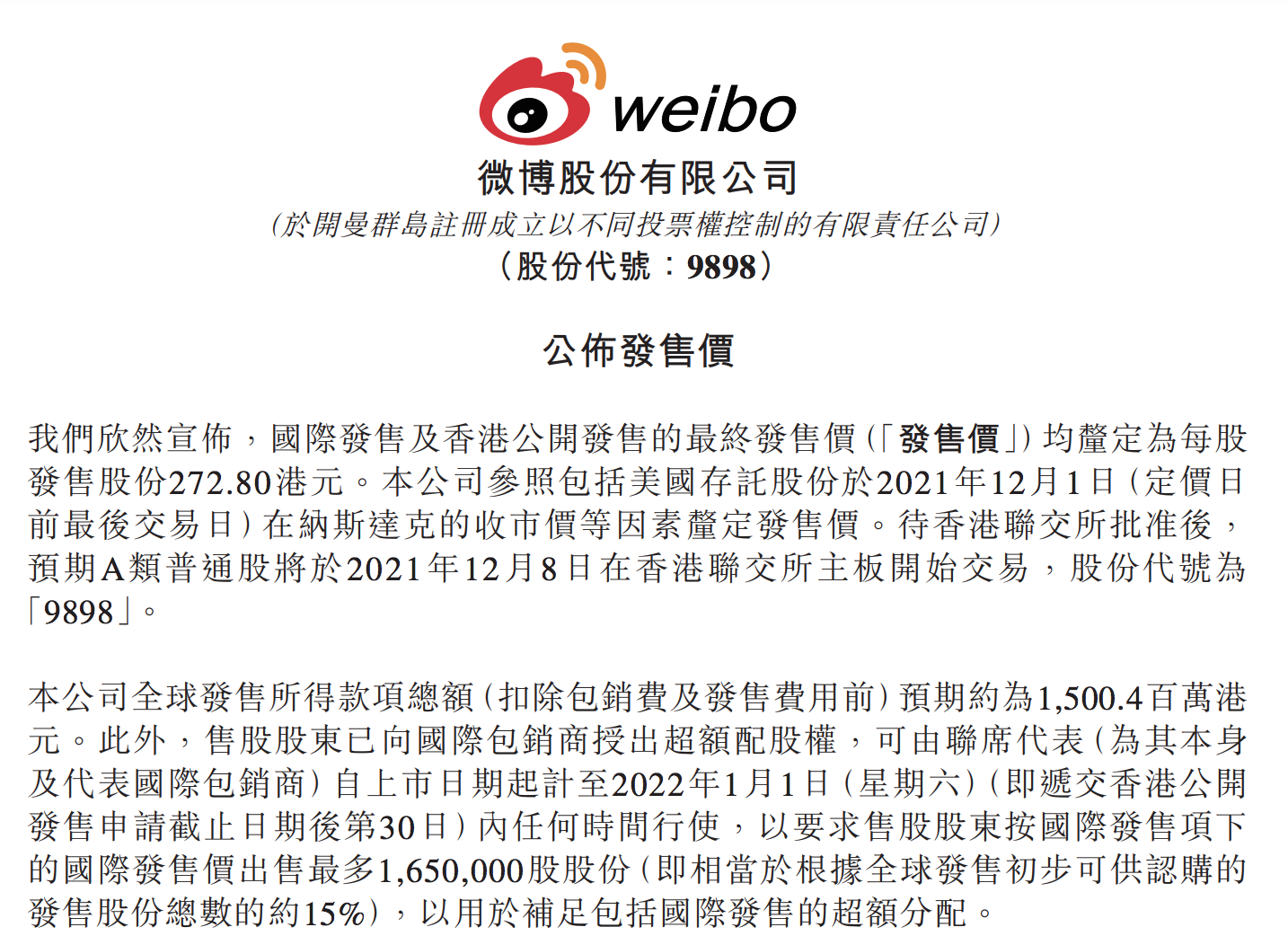 微博敲定在香港上市发行价：定价相对下降三成，散户认购情况惨淡