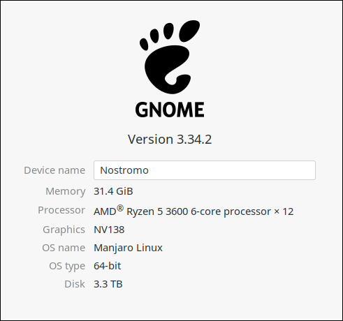 The GNOME Settings "About" tab for a physical host.