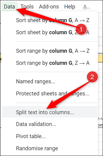 Click Data > Split text into columns