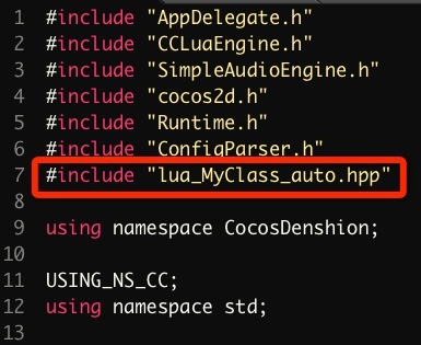 AppDelegate.cpp檔案的頭加入對lua_MyClass_auto.hpp檔案的引用