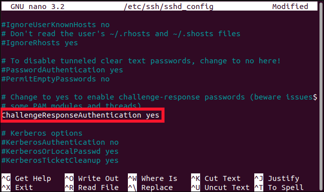 sshd_config file opened in the nano editorwith the ChallengeResponseAuthentication line highlighted, in a terminal window.