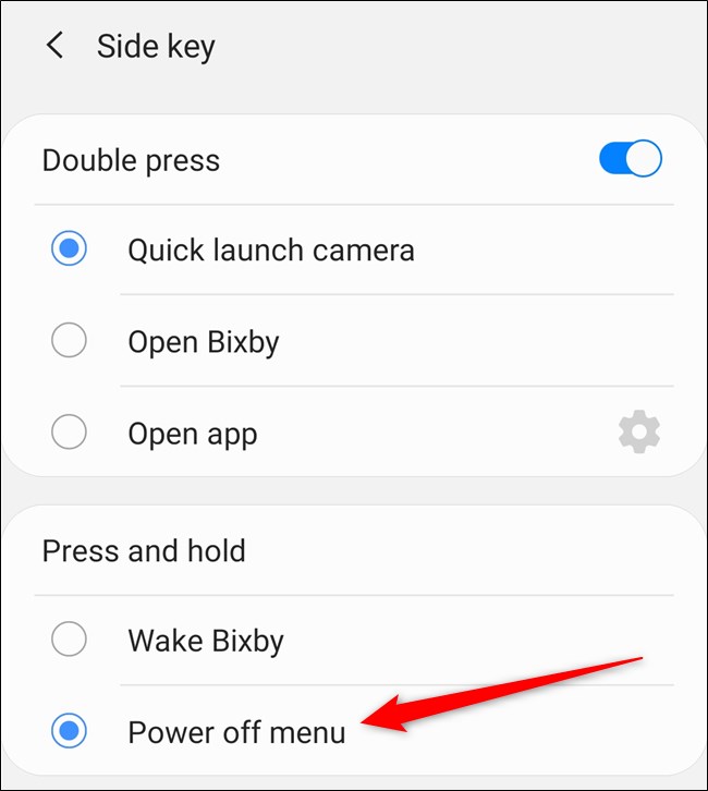 Samsung Galaxy S20 Tap the "Power Off Menu" Option.