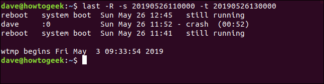 last -R -s 20190526110000 -t 20190527130000 in a terminal window