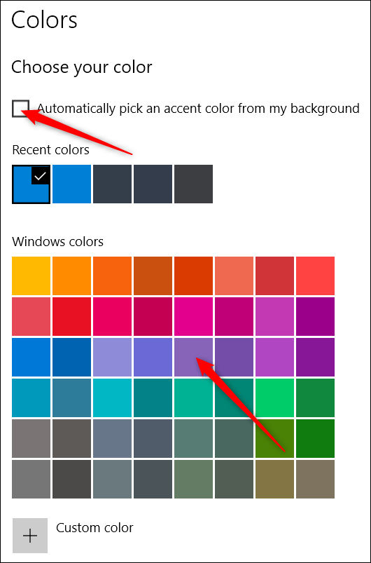 choosing colors in the settings app