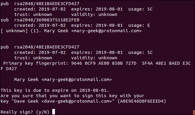 gpg key signing confirmation in a terminal window